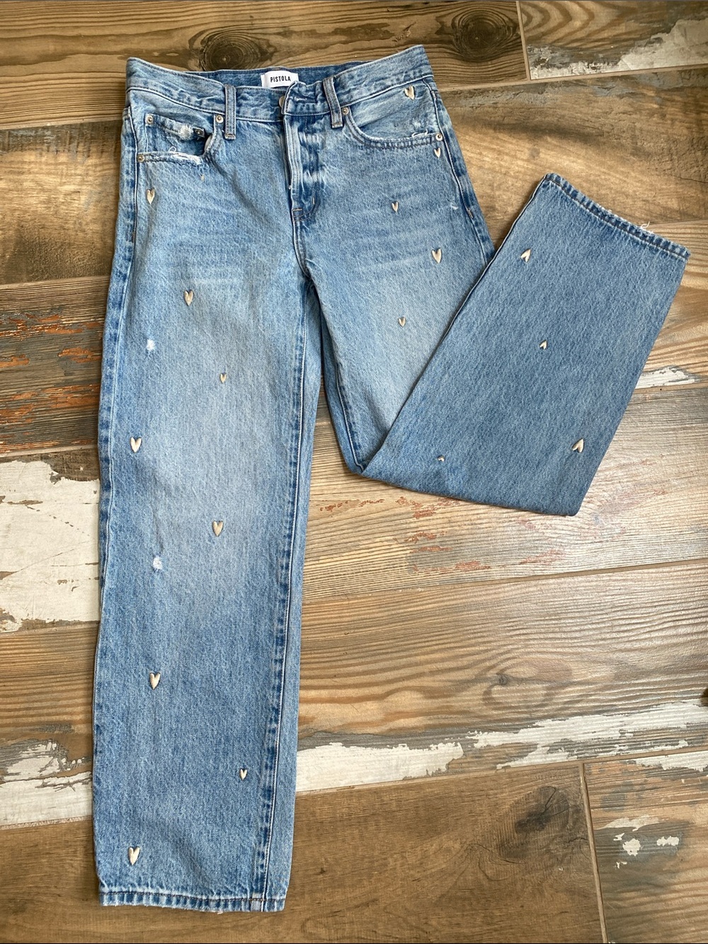 Pistola Light Blue Denim Jeans with Embroidered Heart Accent